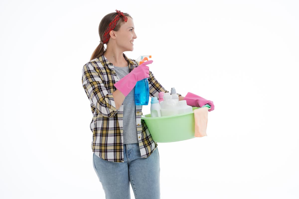 A caddy of cleaning supplies