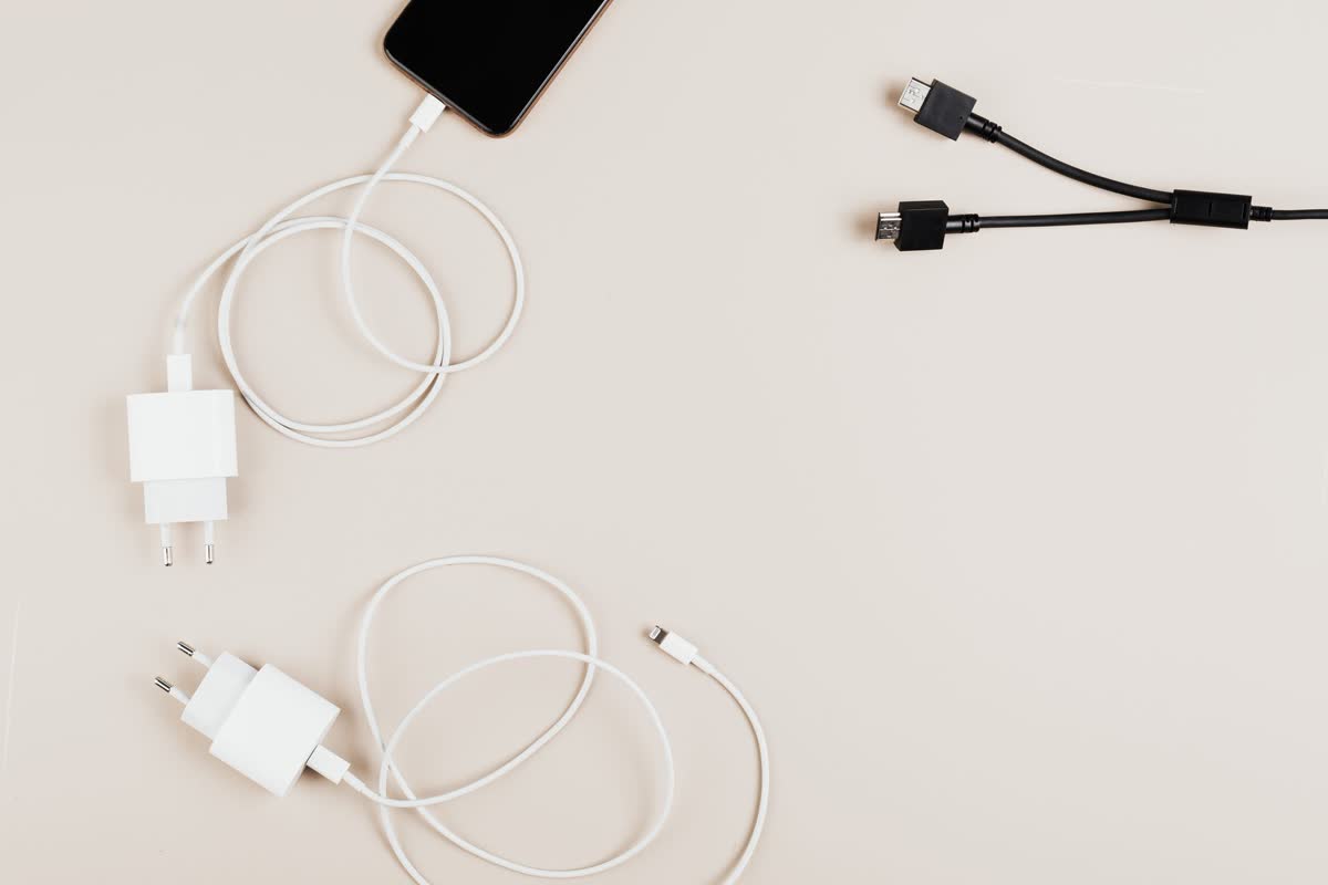 Chargers and cables on a desk