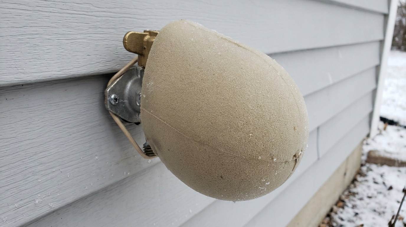 An insulated foam cover on an outdoor spigot