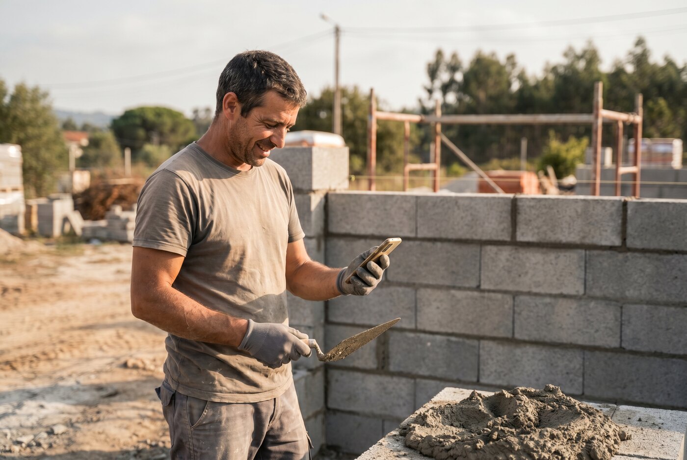 Mason checking his phone beside a concrete block wall