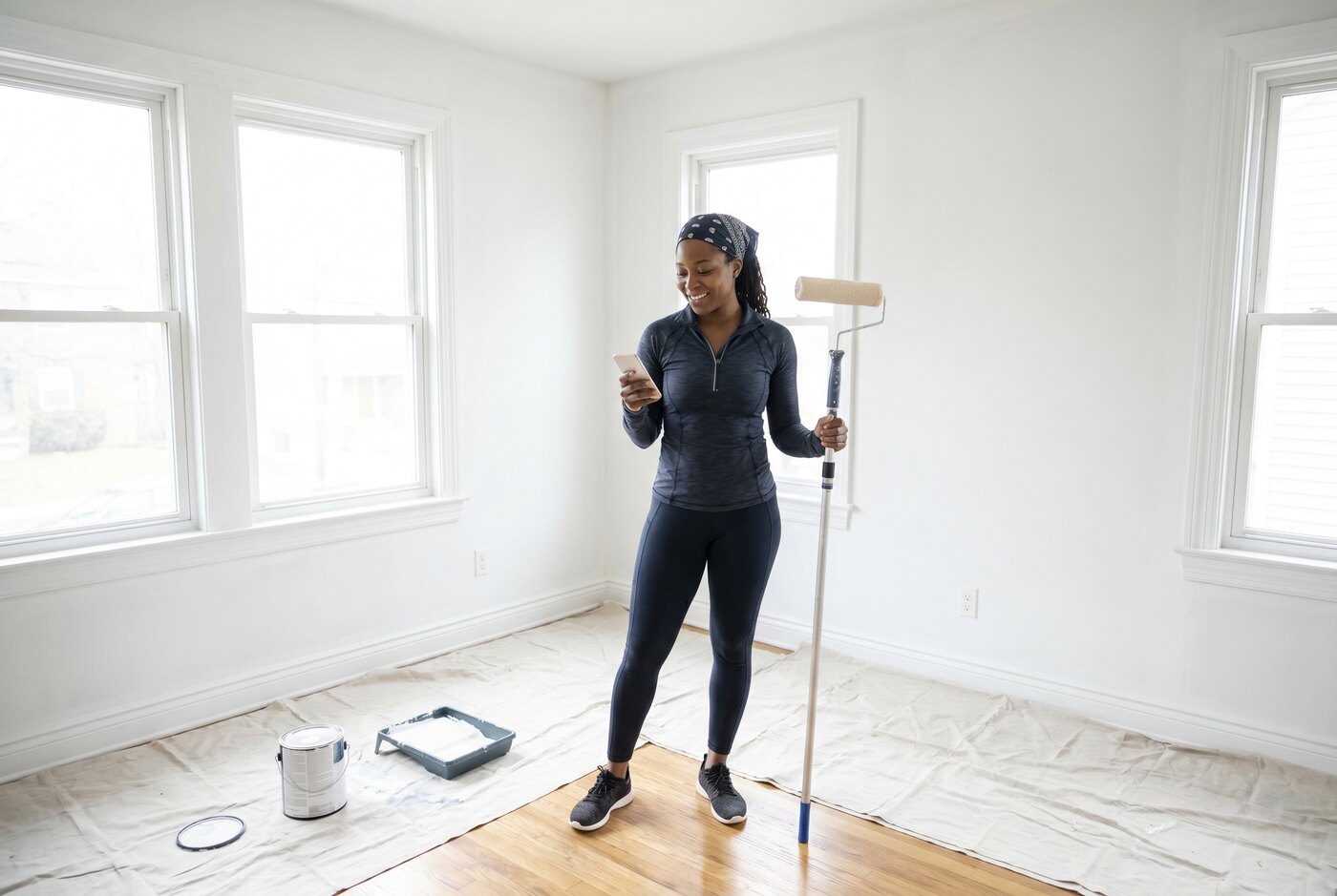 Painter checking her phone in a freshly primed room