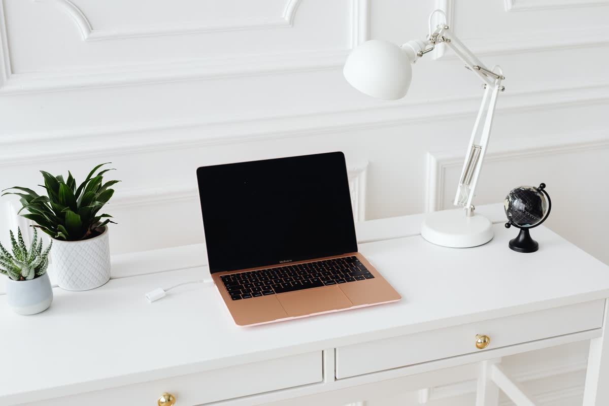 A bright, tidy home study desk with a laptop and a small plant